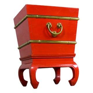 Vintage Asian Accent Table Removable Ice Chest Chinese Red Lacquer and Brass on Hoof Foot Base For Sale