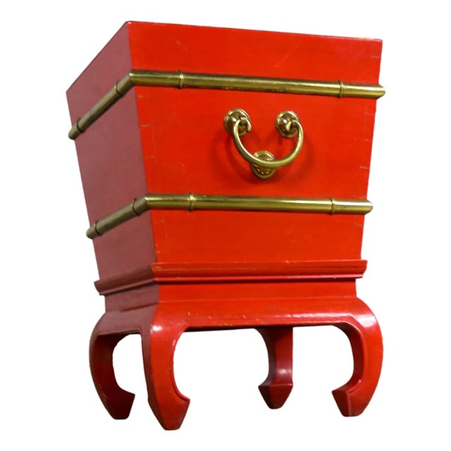 Vintage Asian Accent Table Removable Ice Chest Chinese Red Lacquer and Brass on Hoof Foot Base For Sale