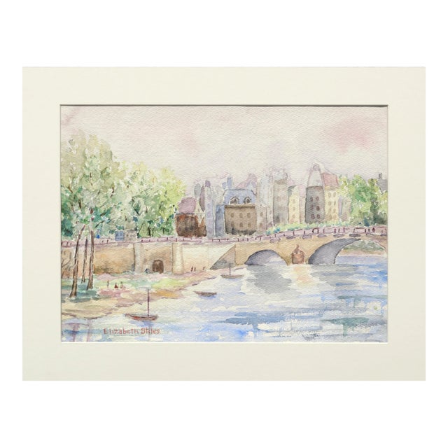 Elizabeth Stiles "Bridge over the Canal" Contemporary Watercolor Landscape Late 20th Century For Sale