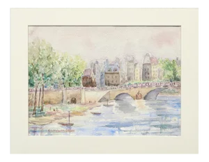 Elizabeth Stiles "Bridge over the Canal" Contemporary Watercolor Landscape Late 20th Century