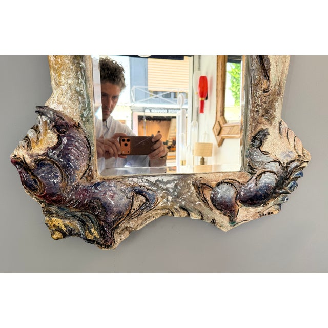 Mid-Century Modern Ceramic Enameled Sculpture Mirror by Leandro Sciutto Italy, 1940s For Sale - Image 3 of 14