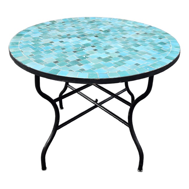 40" Handcrafted Emerald Aqua Moroccan Mosaic Table, Bejmat Style For Sale