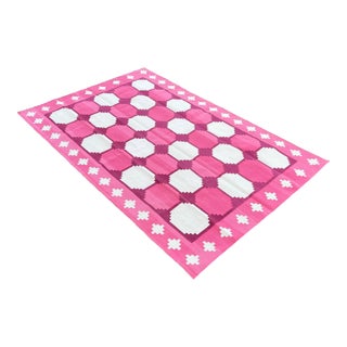 Handwoven Cotton Area Rug Vegetable Dyed Raspberry PInk and White Tile Patterned Gingham Dhurrie - 9'x12' For Sale