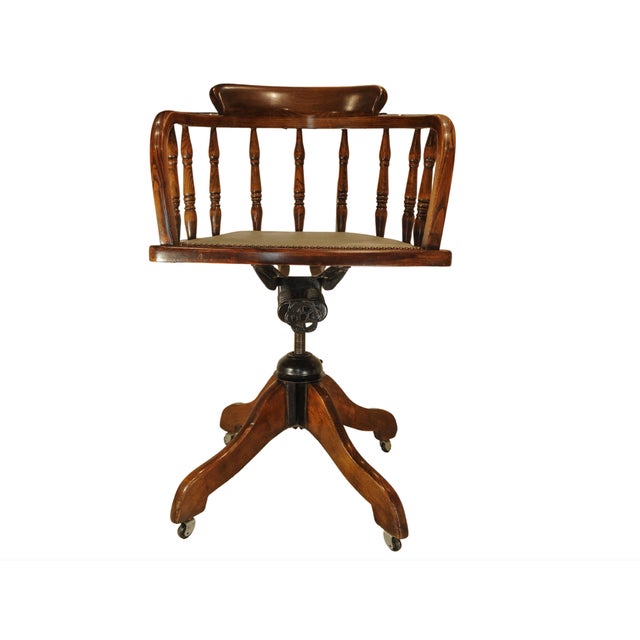 Antique Captain's Desk Chair with Brass Stud Detailing and Iron Base, 1930s For Sale - Image 3 of 10