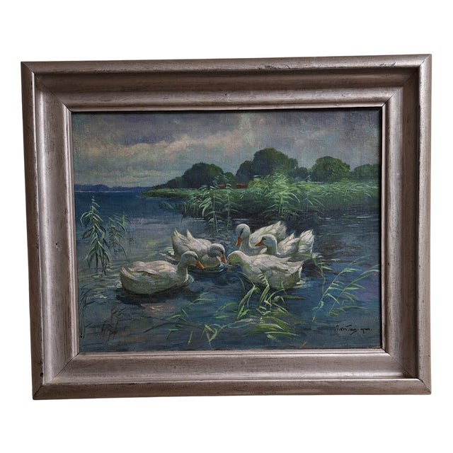 Five Ducks in the Pond, 1910s, Oil on Canvas For Sale
