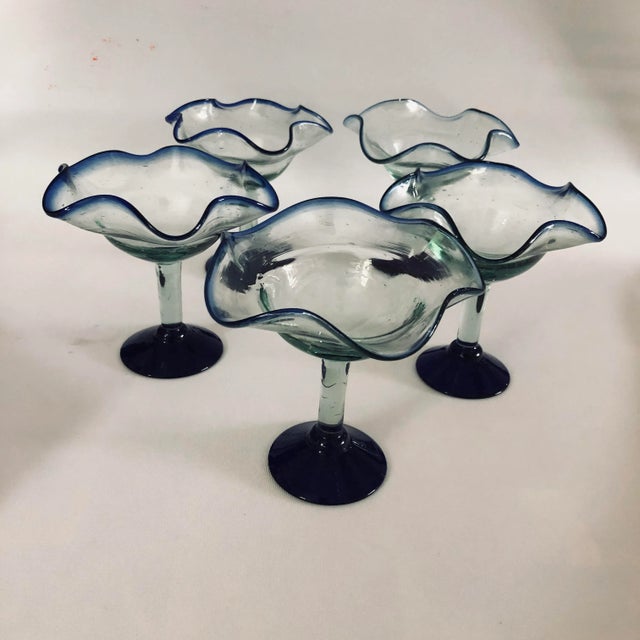Glass 90’s Blue and Green Hand Blown Ruffled Top Dessert Glasses S/5 For Sale - Image 7 of 7
