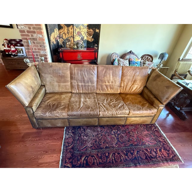English Mid 19th Century Knoll Antique Leather 4 Seater Drop Arm Sofa and 2 Chairs For Sale - Image 3 of 12