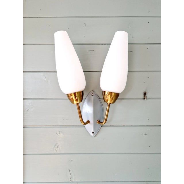Gold Vintage Double Wall Light in Brass and White Opaline, 1950s For Sale - Image 8 of 10