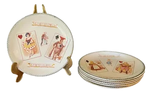 19th Century Set of 6 French Majolica Choisy-Le-Roi Plates, Humour Playing Cards