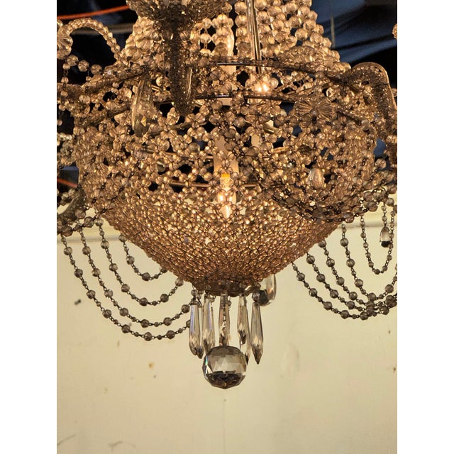 Metal Pair of Italian Beaded Crystal Basket Chandeliers For Sale - Image 7 of 8