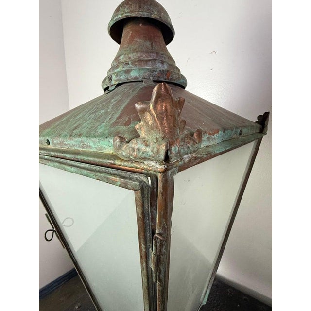 Mid 19th Century Pair of Monumental Antique Copper Street Lanterns With Verdigris Patina For Sale - Image 5 of 11