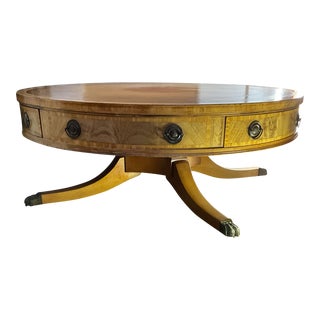 Early 20th Century Regency Style Drum Table Leather Topped With a Custom Cut Glass Top For Sale