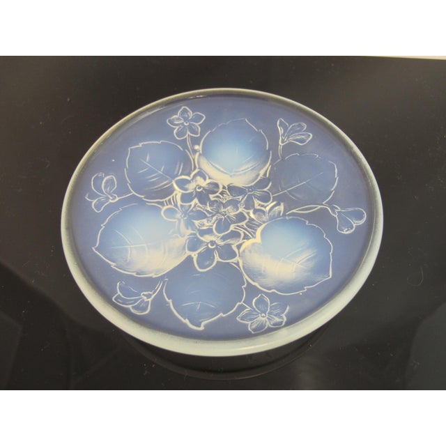 Vintage Sabino France art glass tray in opalescent blue tone glass with floral design of violets and leaves. Three leaves...