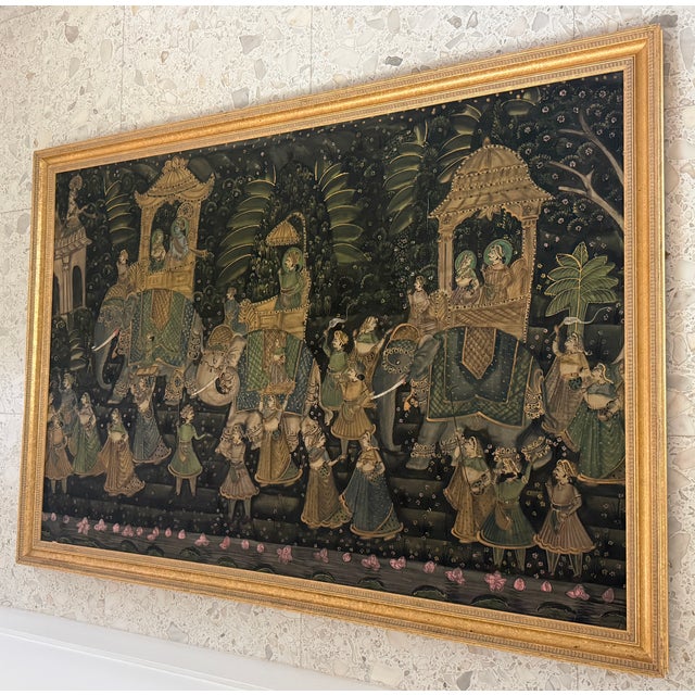 Indian Large Indian Traditional Painting on Silk/Framed For Sale - Image 3 of 13