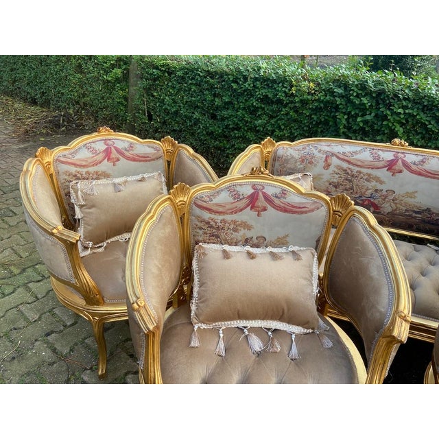 Opulent 1940s French Louis XVI Gilded Sofa Set – Beige Tufted Velvet, Set of 5 For Sale - Image 9 of 12