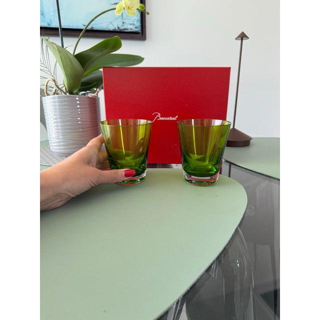 Baccarat Pair of Green Crystal Tumblers by Baccarat With Original Box For Sale - Image 4 of 5