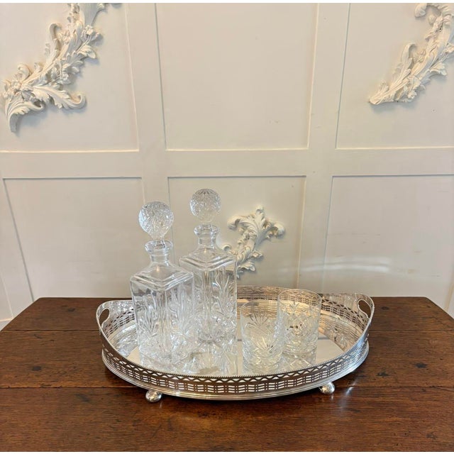 Large Antique Edwardian Silver-Plated Oval Gallery Cocktail / Decanter Tray with Handles, 1900 For Sale - Image 3 of 10