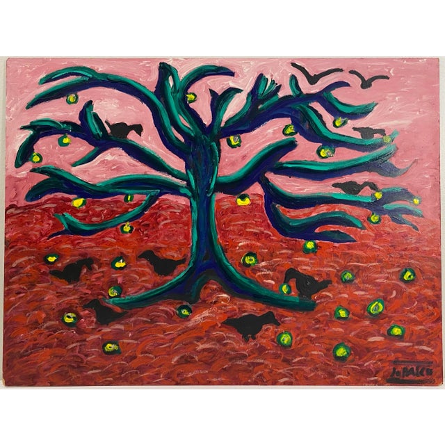 Expressive Tree With Birds and Golden Fruit – Oil on Board Landscape by Jo Patch For Sale In Miami - Image 6 of 7
