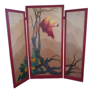Mid 20th Century Lurabee Parrot Painting on Tri-Fold Screen For Sale