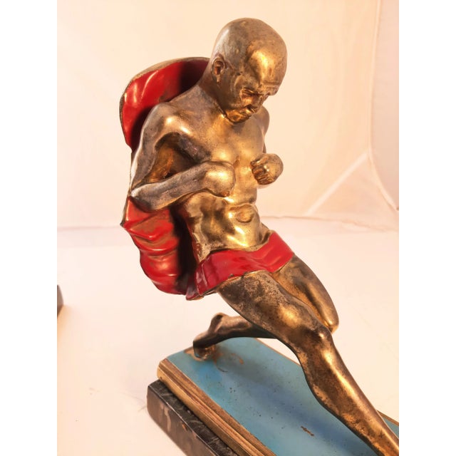 Metal Vintage Art Deco Painted Muscle Male Men Figurine Bookends Sports For Sale - Image 7 of 10
