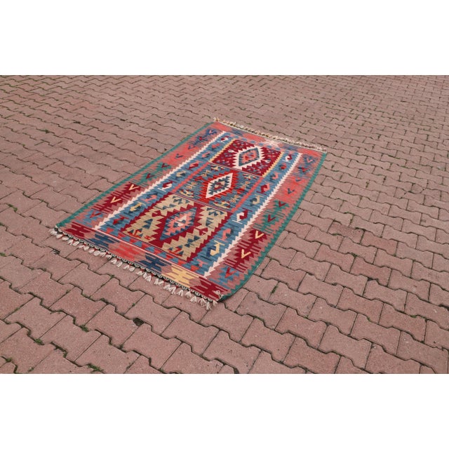 1960s Pastel Colorful Nomadic Antique Handmade Kilim Rug Size: 3.7 x 6.4 ft ( 113 x 196 cm) 44 x 77 inches Color: Blue-...