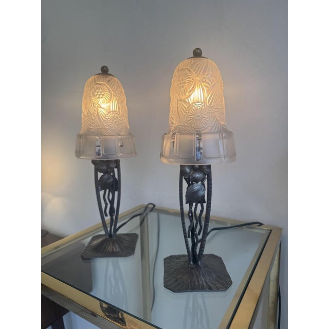 Art Deco Lamps in Wrought Iron and Glass from Hettier-Vincent, 1929, Set of 2 For Sale - Image 15 of 18