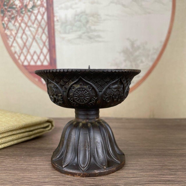 Bronze Pair of Bronze Lotus Candlesticks – 3.1" Eight Treasures Altar Candle Holders For Sale - Image 8 of 11