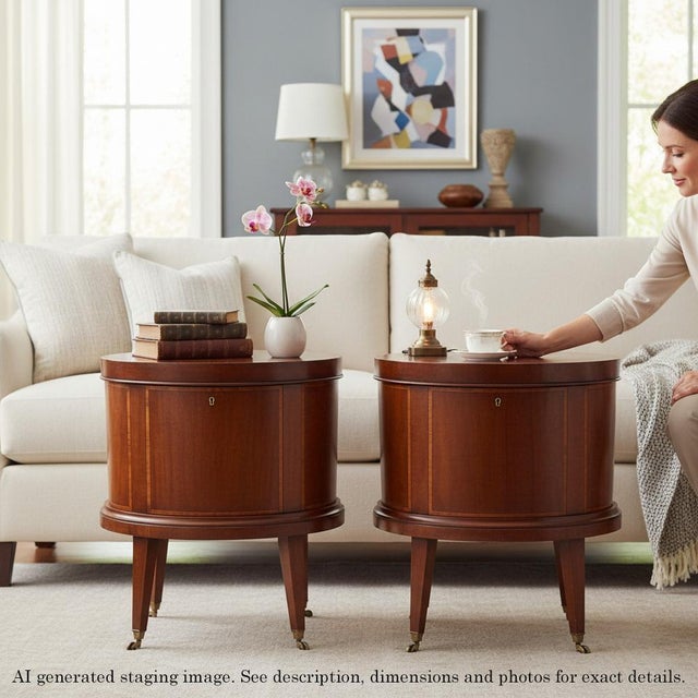 This fine quality pair of georgian revival inlaid mahogany cellarettes dates to the late 19th century and is stamped by...