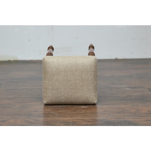 English 19th Century Petite Oak Stool with Turned Legs and Linen Upholstery For Sale In Atlanta - Image 6 of 7