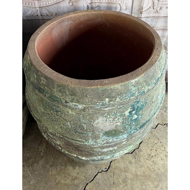 Mediterranean Barreal Jars - Verdigris Patinated Terracotta Olive Vassels For Sale - Image 12 of 17