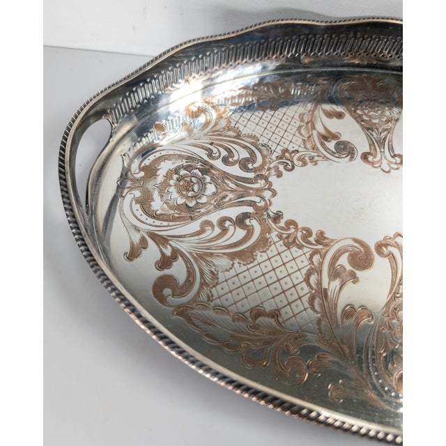 Mid-Century English Sheffield Silverplate Drinks Serving Tray With Gallery in Victorian Style For Sale - Image 10 of 12
