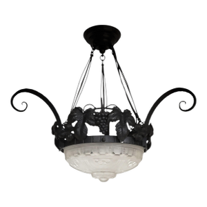 French Art Deco Iron and Frosted Art Glass Chandelier With Grapes by Sabino