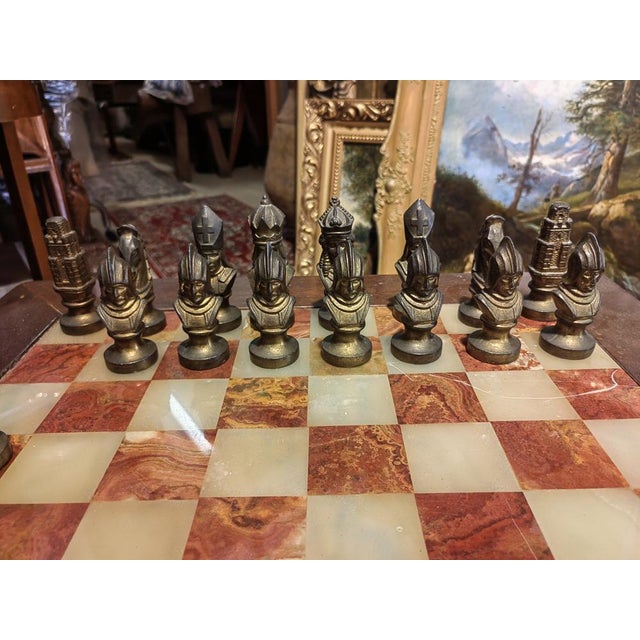 Metal Rosewood Chess Table with Marble Top and Chess Set in Brass and Bronze, 1930s For Sale - Image 7 of 15