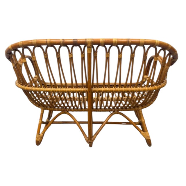 Boho Chic Vintage Italian Rattan Loveseat or Settee in the Style of Franco Albini For Sale - Image 3 of 6