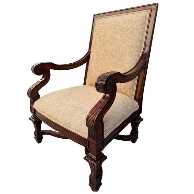 Neoclassical 1980s Neoclassical Hand-Carved Mahogany Armchairs With Rolled Arms & X-Stretcher - A Pair For Sale - Image 3 of 14
