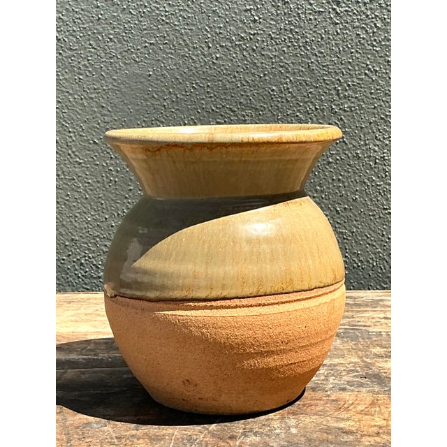 Ceramic Vintage Half Glaze Pottery Vase For Sale - Image 7 of 12