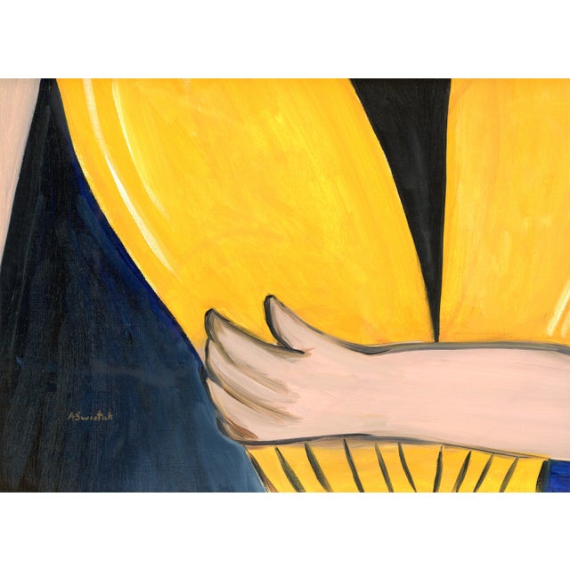 A stunning modernist portrait oil painting. There is a skillful balance between stylized detail and simplified forms....