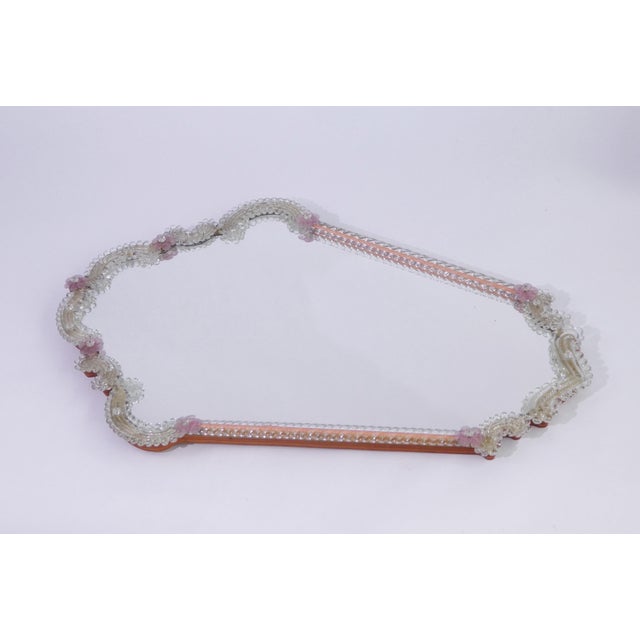 Mid-Century Italian Scalloped Murano Glass Wall Mirror with Pink Flowers, 1970s For Sale - Image 4 of 12
