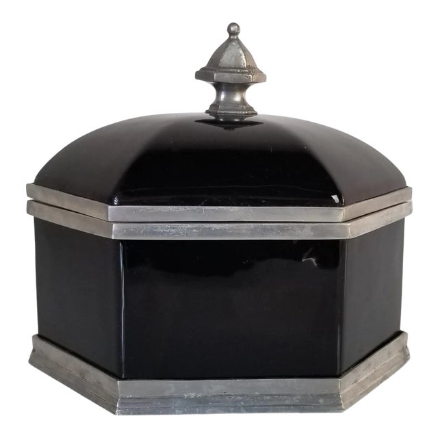 Vintage Italian Black Glass and Silver Hexagonal Jewelry Box For Sale