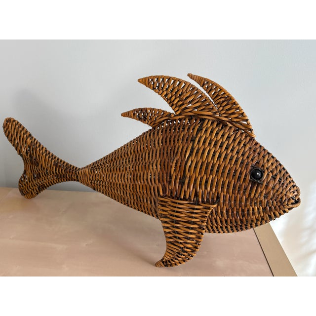 1970s Vintage Metal-Framed Woven Rattan or Wicker Fish Large Nautical Beach Decor For Sale - Image 5 of 7