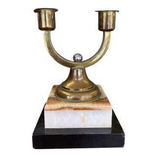 Vintage Brass Toned Double-Arm Candle Holder on Possibly Marble and Onyx Base For Sale