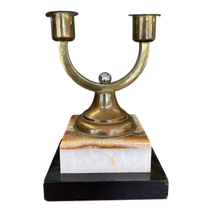 Vintage Brass Toned Double-Arm Candle Holder on Possibly Marble and Onyx Base