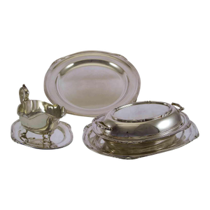1970’s New Silver Entree Dish & Cover With Platters, Sauce Boat & Tray, Jubilee, Patented Applied Border- 4 Pieces