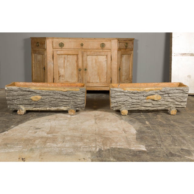Rustic Pair of Faux Bois Midcentury Trough Shaped Concrete Planters, circa 1930 For Sale In Atlanta - Image 6 of 12