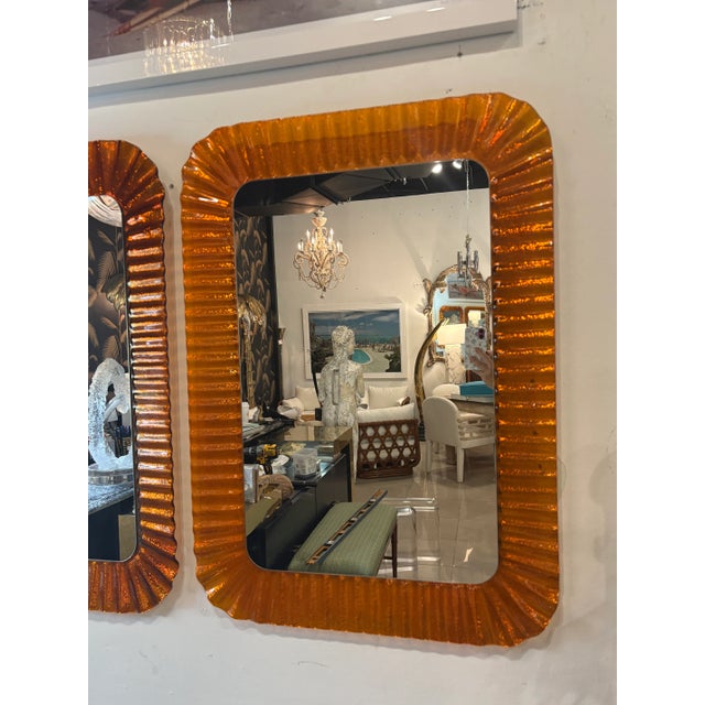 Vintage Italian Glass Pair of Orange Scalloped Wavy Wall Mirrors by Linea Vetro For Sale - Image 9 of 16