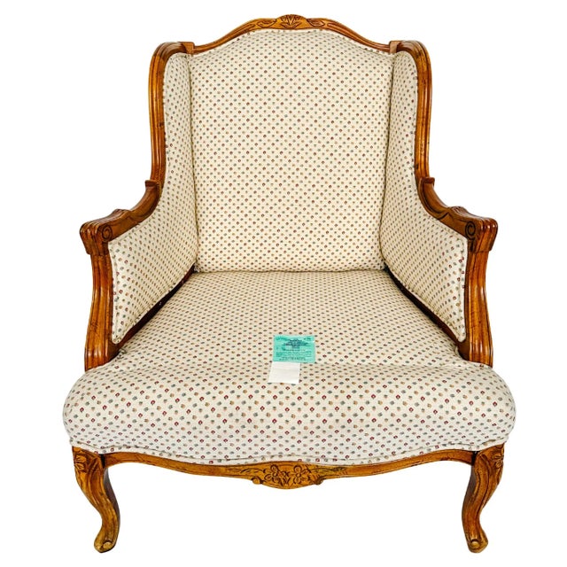 French Provincial Louis XV Bergere Armchair With Carved Wood Frame & Petite Floral Upholstery For Sale - Image 13 of 16