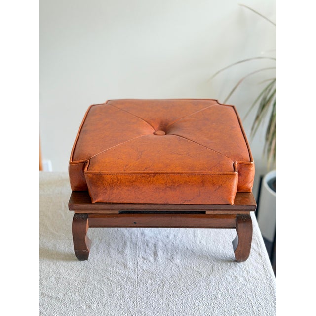 1960s Ricardo Lynn Mid-Century Modern Leather Ottoman Stool With Carved Wood Base For Sale - Image 9 of 11