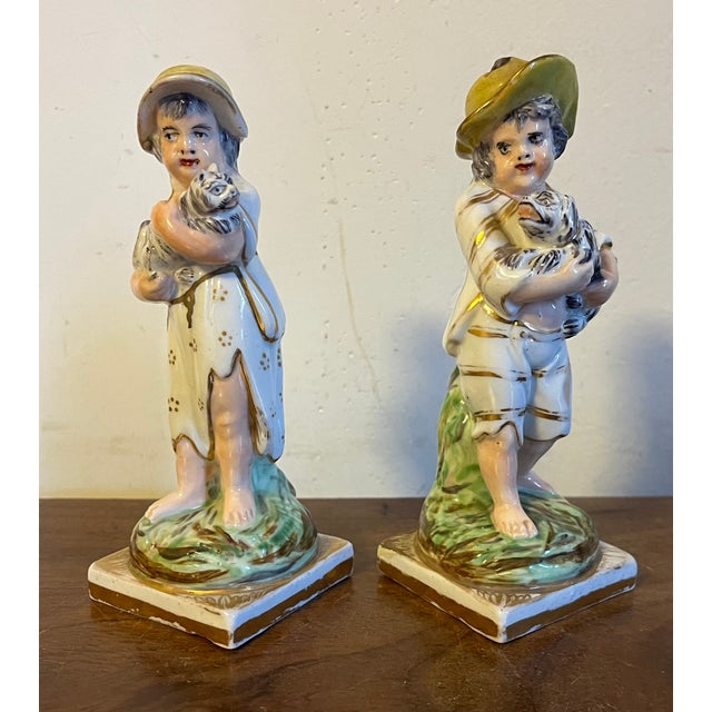 Antique Early 19th Century English Porcelain Figures - Boy With Dog and Girl With Cat - A Pair For Sale - Image 4 of 15