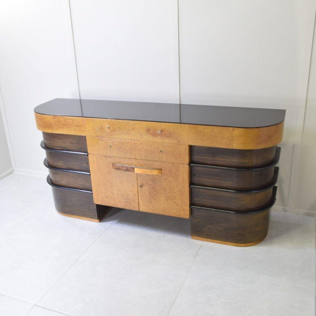 1940s Walnut Root Wood with Colored Glass Top Cabinet, 1940s For Sale - Image 5 of 11