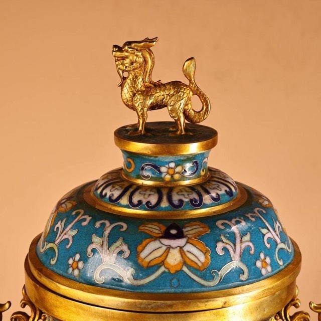 Mid 20th Century Monumental Chinese Cloisonné Vase | Gilt Bronze Dragon Handles & Dove Motif For Sale - Image 5 of 9
